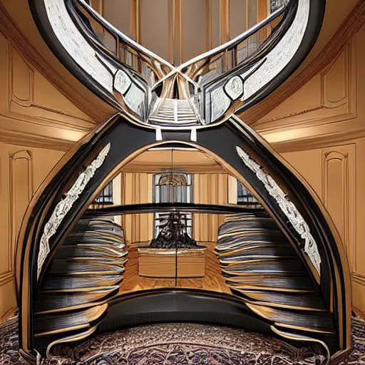 Prompt: an opera scenoraphy designed by svoboda of curved stairs and doors and windows frames. - n 8