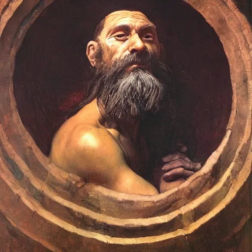 Prompt: Portrait Portrait of Diogenes the Cynic donning hobo costume whilst resting in an enormous wine cask theodore gericault donato giancola john william waterhouse maxfield parrish mikhail vrubel arkhip kuindzhi astri lohne stained lacquer glaze