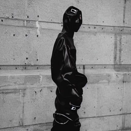 Image similar to fashion photography of an extraterrestrial model, wearing futuristic hip - hop streetwear fashion, inside berghain, berlin fashion, futuristic fashion, dark minimal outfit, photo 3 5 mm leica, hyperdetail, berghain, 8 k, very detailed