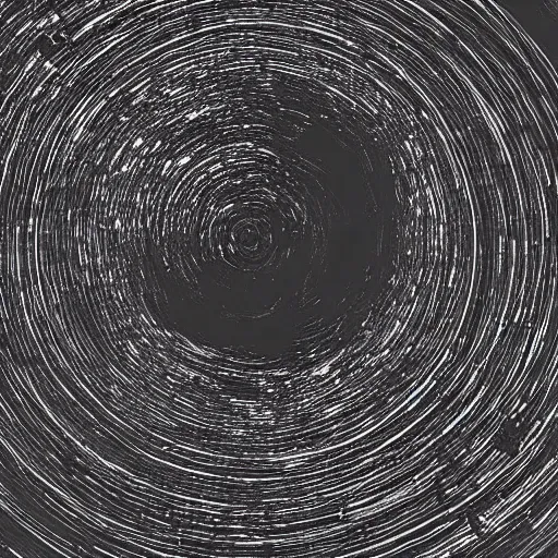 Image similar to a galactic disk - like vortex of metal debris from space stations and other space objects in black, starless space, view from afar