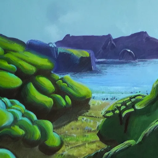 Prompt: rough acrylic painting of a lush natural scene on an alien planet by caroline degroiselle. beautiful landscape. weird vegetation. cliffs and water.