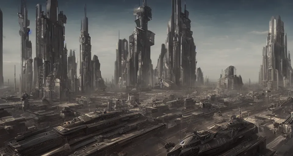 Prompt: view on futuristic city in the horizon, in style of dieselpunk, detailed, sharp, 8 k