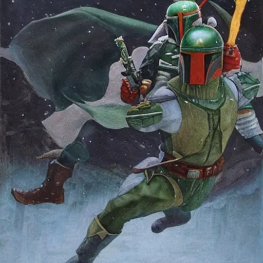 Prompt: boba fett riding a hobbit in a tundra, renaissance painting