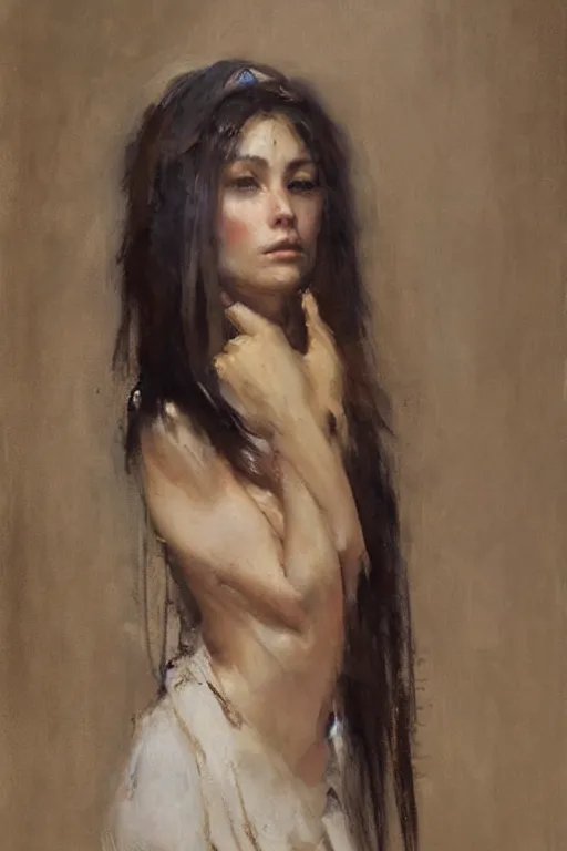 Prompt: Richard Schmid and Jeremy Lipking and simon bisley full length portrait painting of a young beautiful priestess woman