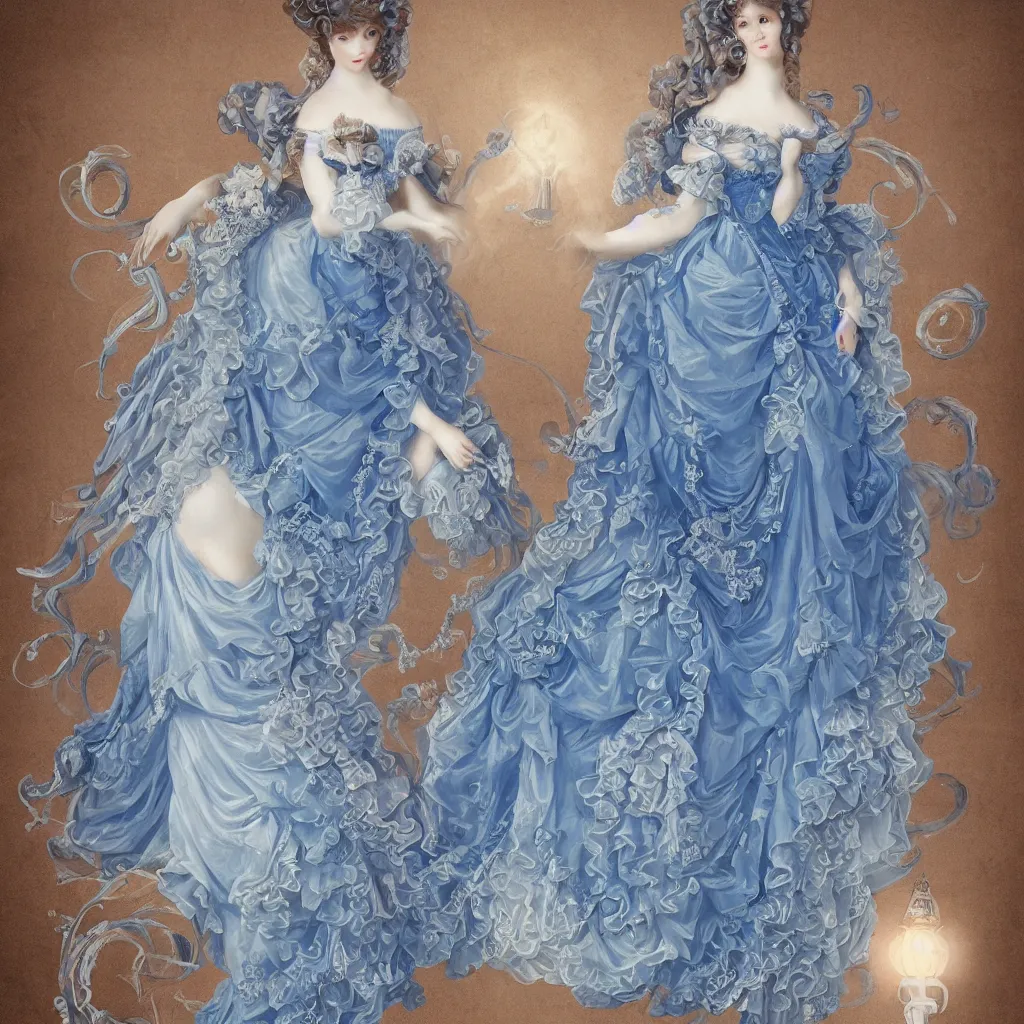 Image similar to Bluedress design in the style of rococo ，Victorian era，jellyfish element，dreamy, soft ,Backlight ,luminescence，highly detailed,8k