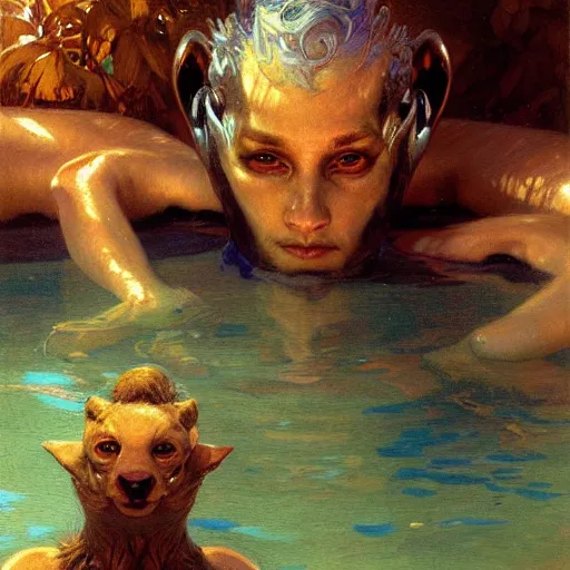 Image similar to a portrait of a furry alien human hybrid in the pool. highly detailed painting by gaston bussiere, craig mullins, j. c. leyendecker, furry