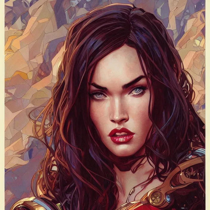 Prompt: megan fox as female ironman by artgerm, greg rutkowski, alphonse mucha