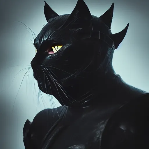 Image similar to Black Cat in armor fighting a demon cinematic lighting, fine detail, trending on artstation, ultra crisp, high contrast, ominous, threatening, haunting, forbidding, gloomy, Long shot