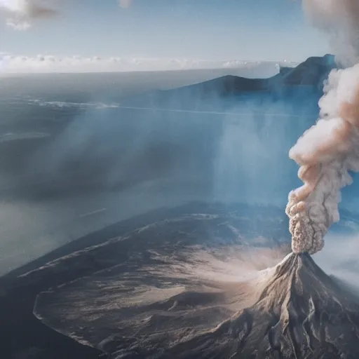 Image similar to eruption of vulcano, aerial view, dramatic lighting, cinematic