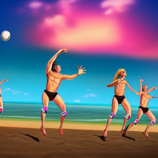 Image similar to centaurs playing volleyball on a beach, jump kick, 4 k, ultra realistic, detailed focused, neonwave