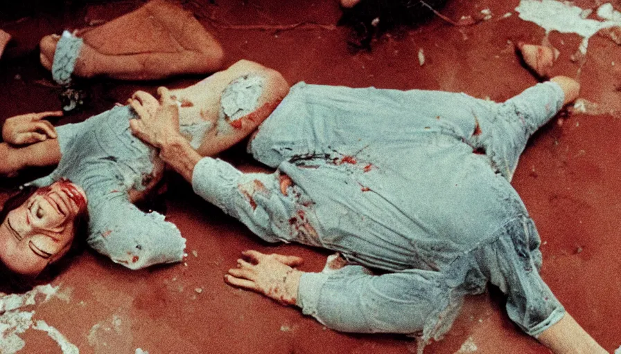 Prompt: 7 0 s film still from a horror movie about a murder scene, kodachrome, cinecolor, cinestill, film grain, film texture, retro, cinematic, high resolution, photorealism,