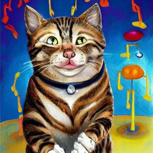 Image similar to highly realistic painting of a proud cat singing opera on a stage