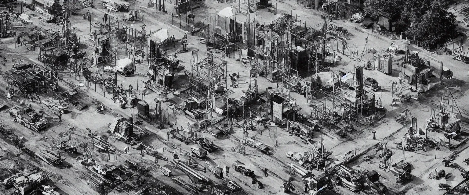 Prompt: detailed sharp photograph in the style of popular science circa 1 9 5 5 and gregory crewdson of a long lens portrait of a construction worker