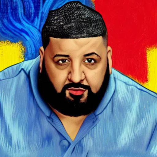 Image similar to ultra realistic portrait of dj khaled in a studio, ultra detailed, under blue, red and yellow cinematic lighting, by van gogh, cartoon