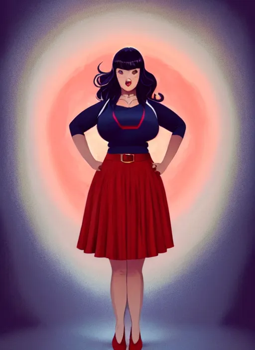 Image similar to full body portrait of teenage veronica lodge, obese, bangs, sultry, realistic, sultry smirk, wavy hair, red skirt, fat, belly, intricate, elegant, glowing lights, highly detailed, digital painting, artstation, concept art, smooth, sharp focus, illustration, art by wlop, mars ravelo and greg rutkowski