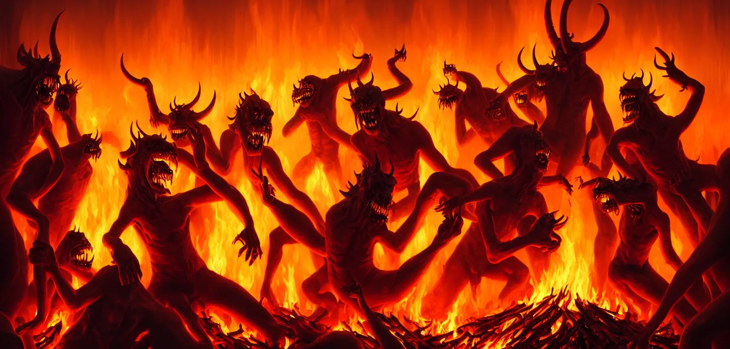 Image similar to oil matte painting, closeup portrait of ugly creepy devils dancing around a bonfire in hell at ba rave cheering dancing beautiful cinematic light deep focus, elegant, digital painting, smooth, sharp focus, golden ratio, dramatic illumination, ultra realistic, 8 k, art by greg rutkowski wlop rossdraws