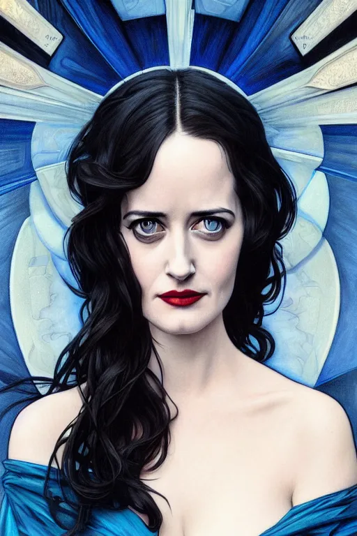 Image similar to eva green in a blue dress, realistic portrait, symmetrical, highly detailed, digital painting, artstation, concept art, smooth, sharp focus, illustration, cinematic lighting, art by artgerm and greg rutkowski and alphonse mucha