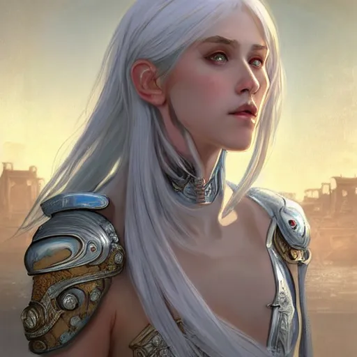 Image similar to portrait white hair knights of Zodiac girl, Sliver ice color reflected armor, in ruined Agora of Athens Sunrise, ssci-fi and fantasy, intricate and very very beautiful and elegant, highly detailed, digital painting, artstation, concept art, smooth and sharp focus, illustration, art by tian zi and WLOP and alphonse mucha