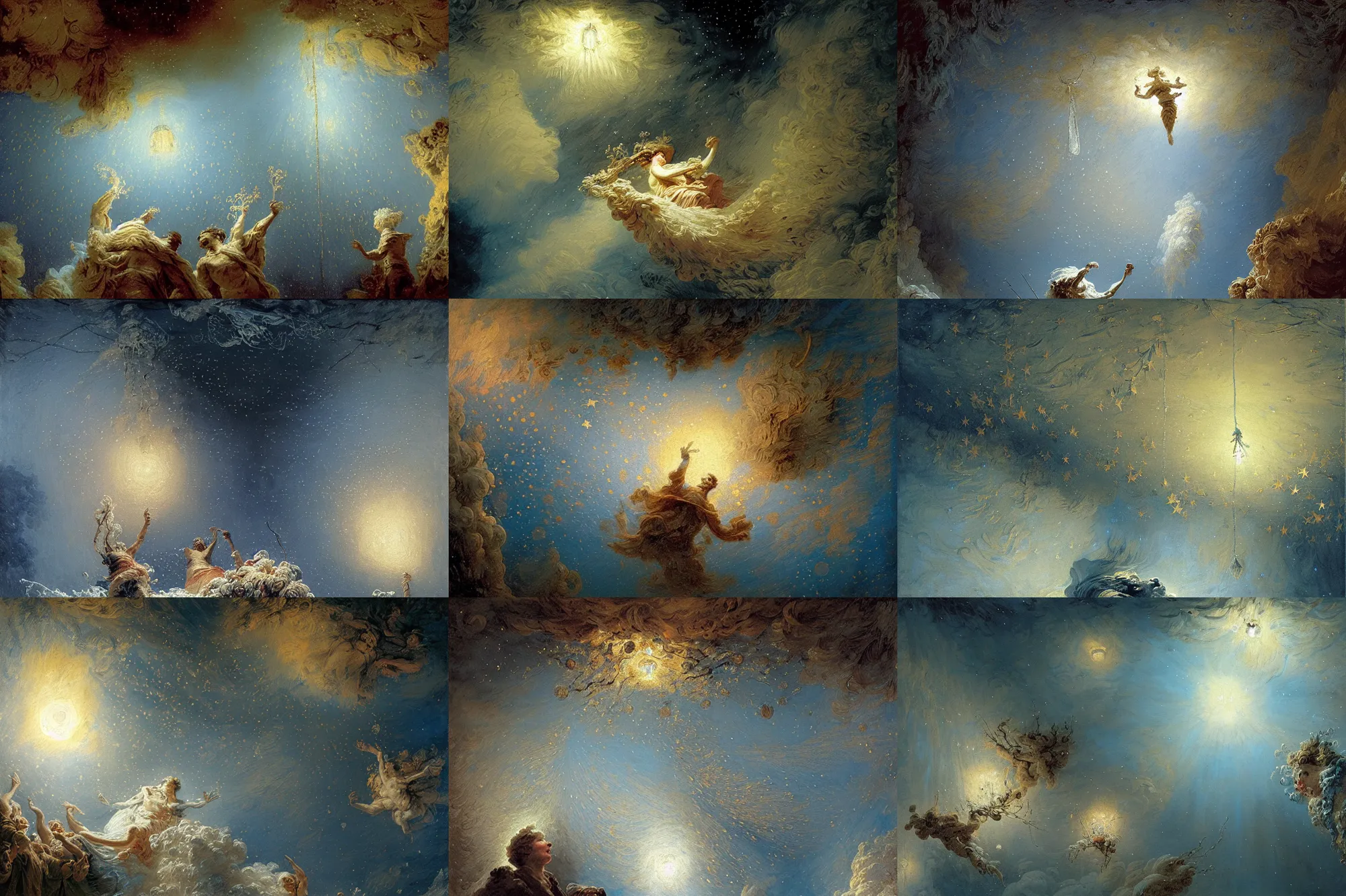 Prompt: new years day prometheus, winter blue drapery, hanging tarp ceiling showing the stars, icicles, stoic, light dust, magnificent, hyperdetailed, theatrical, close up, masterpiece, painted by jean honore fragonard and greg rutkowski