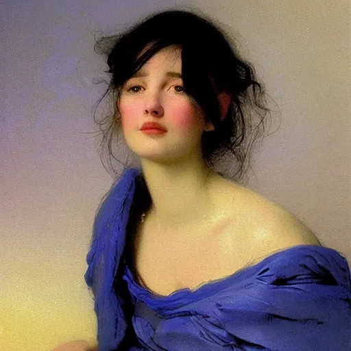 Image similar to young woman's face, her hair is white and she wears a cobalt blue duchesse satin cloak, by gaston bussiere and moebius and syd mead and roger dean and ivan aivazovsky and aelbert cuyp and willem claesz and pieter claesz and paul delaroche and alma tadema, hyperrealistic, volumetric light, octane