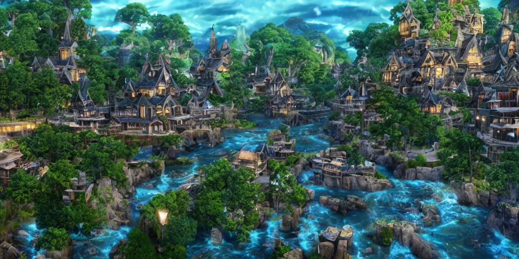 Image similar to beautiful and immersive magical town, magical buildings, bioluminescent forest surrounding, gentle rivers flowing through town, award - winning - anime style - cinematic lighting, dramatic lighting, hdr, 4 k, stunning and beautiful view - unbelievably amazing - highly detailed, hyperrealistic, in the style of kingdom hearts and avatar, 3 d - unreal engine 5, anime visuals