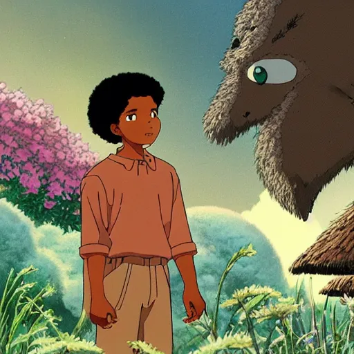 Image similar to dark skin man in a studio ghibli film, nature, dreamy