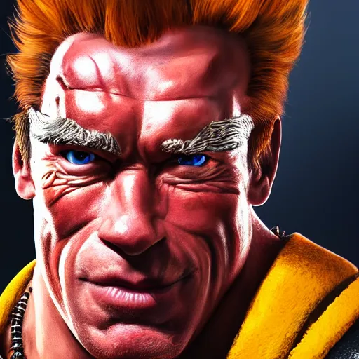 Image similar to a screenshot of arnold schwarzenegger as junkrat in overwatch, portrait, fantasy, beautiful face, vivid colors, elegant, concept art, sharp focus, digital art, hyper - realistic, 4 k, unreal engine, highly detailed, hd, dramatic lighting by brom, trending on artstation