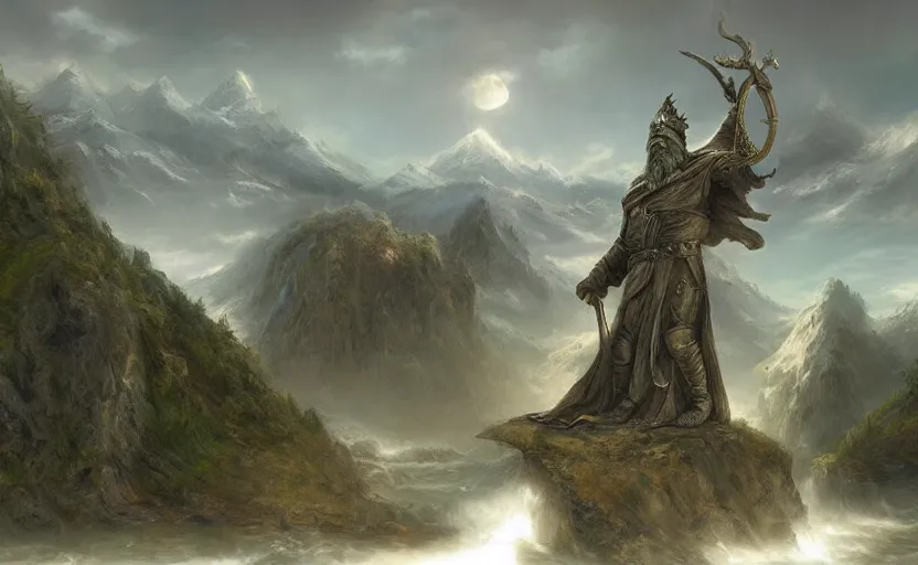 Image similar to A large statue of a wizard guarding a river valley, landscape art, concept art, intense