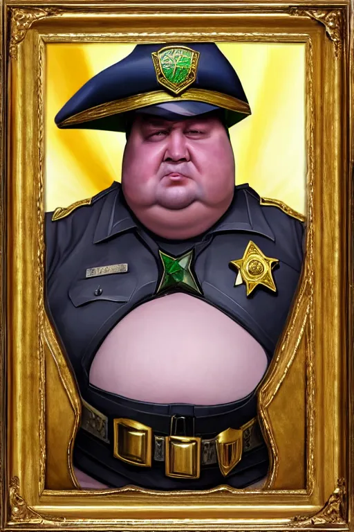 Image similar to high fantasy elf mall cop with a sheriff's badge that is fat, shifty, and incompetent, portrait from the chest up by Carvagio, Oil Painting, hyper realistic,, 8k UHD scan