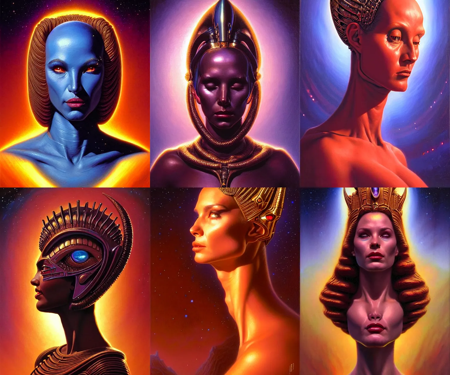 Prompt: cinematic bust portrait of elegant female extraterrestial queen, head and chest only, exotic alien features, by Tim Hildebrandt, by Wayne Barlowe, by Bruce Pennington, by donato giancola, by jeff easley, oil on canvas, masterpiece, trending on artstation, featured on pixiv, cinematic composition, dramatic pose, beautiful lighting, sharp, details, hyper-detailed, HD, HDR, 4K, 8K