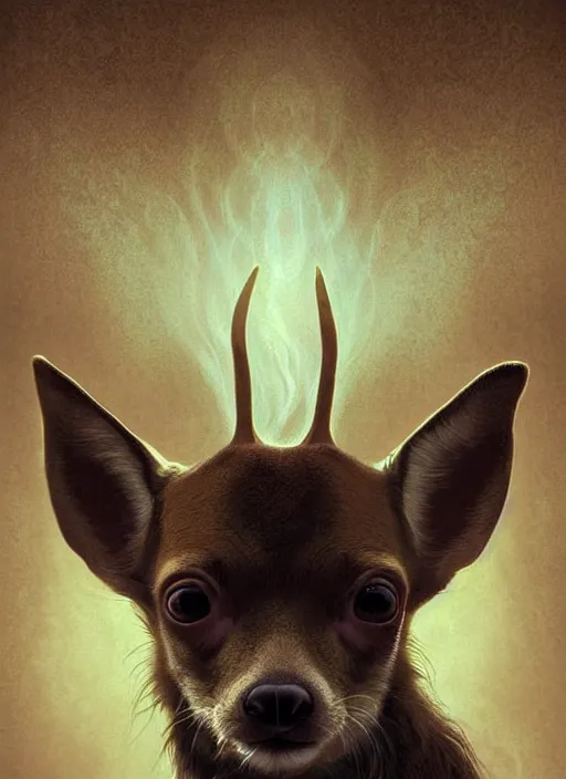 Image similar to deer chihuahua huge ominous glowing brown eyes staring into my soul, perfect eyes, soft pale golden skin, intricate stunning highly detailed, Agostino Arrivabene, Tomasz Strzalkowski, twisted bright lucid dream, 8k portrait render, swirling thick smoke , beautiful lighting, art nouveau, Alphonse Mucha, cgsociety