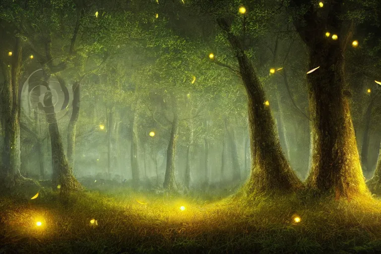 Image similar to masterpiece painting, fireflies cloud illuminating an old antic oak forest at night, spiral movement, peaceful scene, light fog, 8 k octane render, atmospheric effects, by jean hugo, motion blur, artstation, deviantart