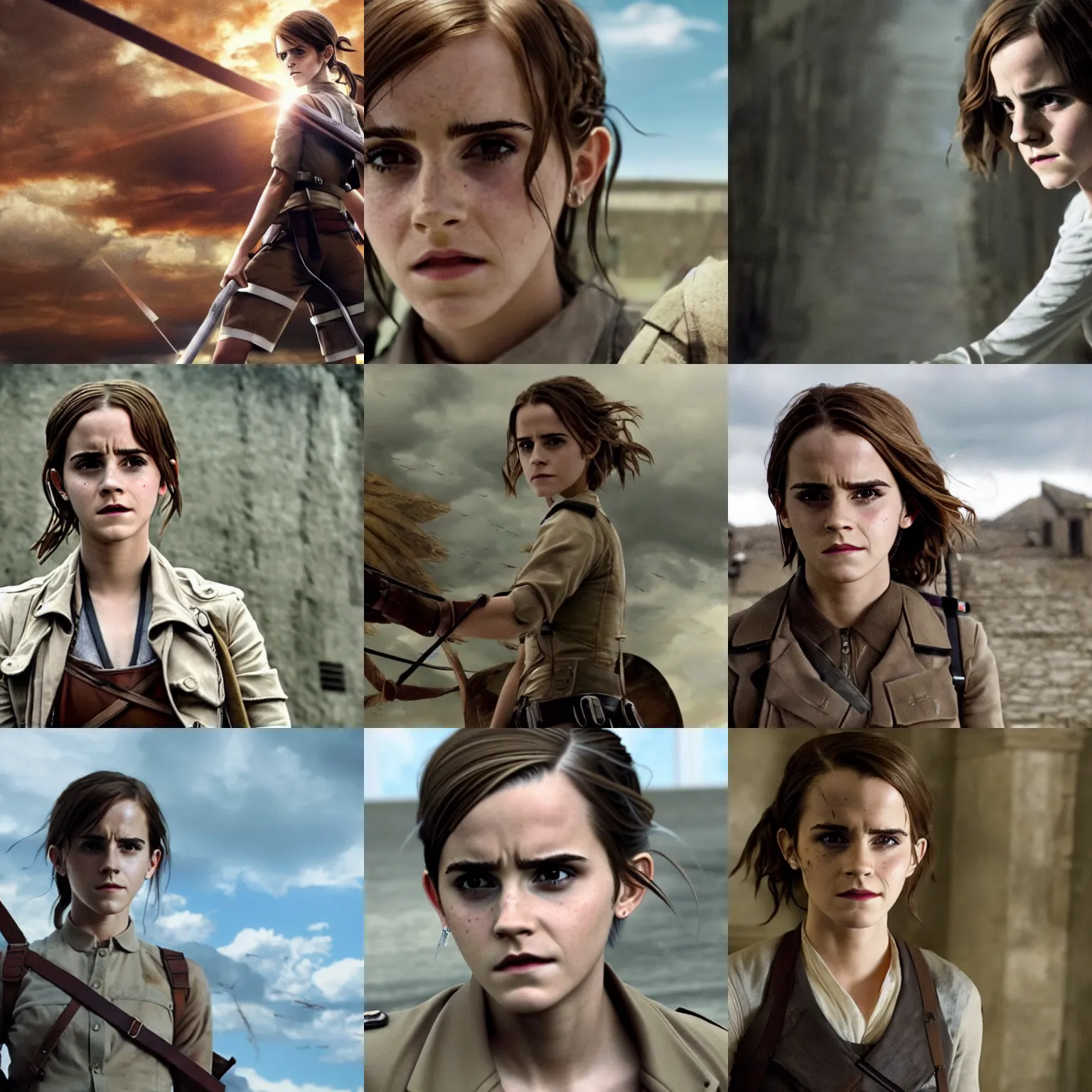 Prompt: Movie still of Emma Watson in Attack on Titan