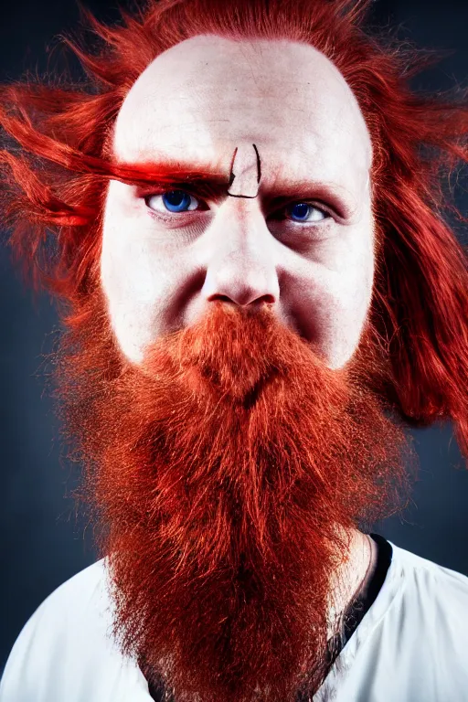 Image similar to a mad scientist with a third eye and wild red hair and beard slightly balding, high resolution film still, 4 k, hdr color