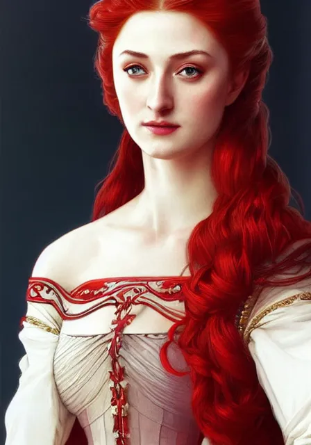 Image similar to portrait of sansa stark in red crimson, intricate, elegant, highly detailed, digital painting, artstation, concept art, smooth, sharp focus, illustration, art by artgerm and greg rutkowski and alphonse mucha and william - adolphe bouguereau