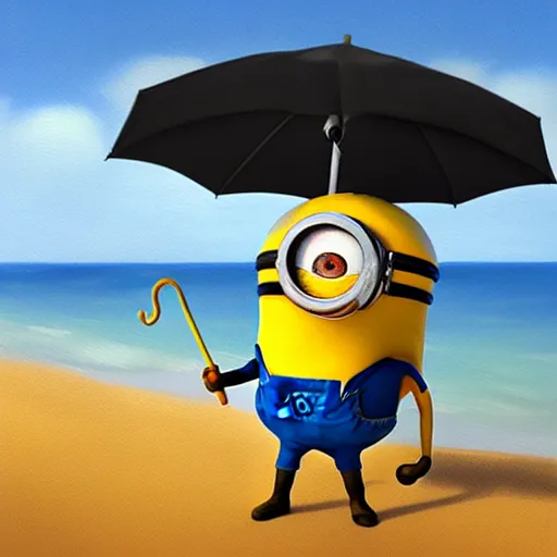 Prompt: an epic painting minion holding umbrella at the beach with silly face, pencil drawing, perfect composition, golden ratio, beautiful detailed, photorealistic, digital painting, concept art, smooth, sharp focus, illustration, artstation trending, octane render, unreal engine