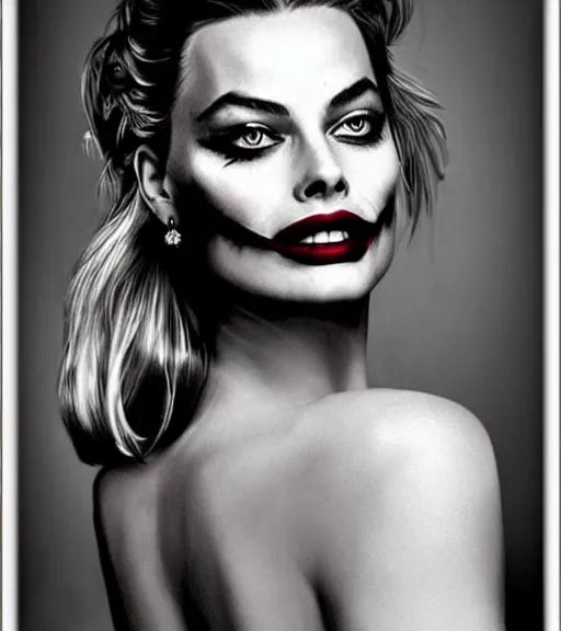 Image similar to tattoo design sketch of beautiful margot robbie portrait with joker makeup, in the style of den yakovlev, realistic face, black and white, realism tattoo, hyper realistic, highly detailed