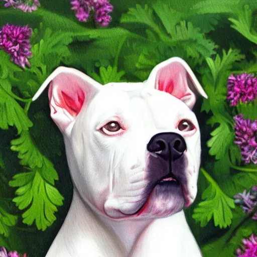 Image similar to painting of a white pitbull on a bed of parsley with a parsley garnish on top, highly detailed