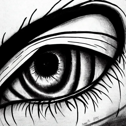 Image similar to highly detailed ink sketch of a human eye heavy black high contrast anatomical detail black and white