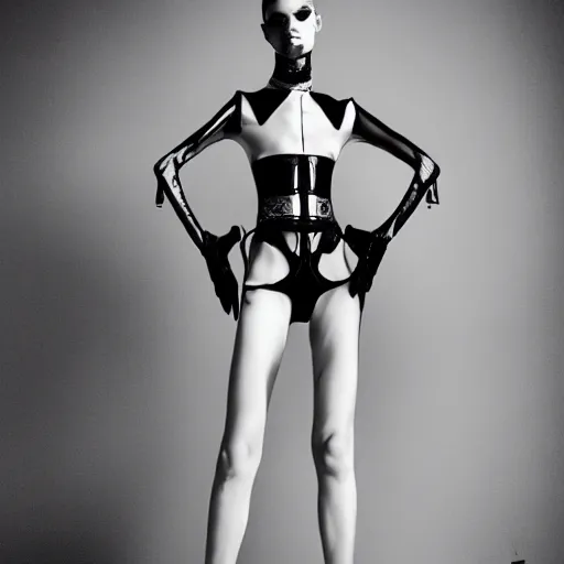 Prompt: fashion photography of an extraterrestrial deformed model, wearing demobaza fashion, inside berghain, berlin fashion, harness, futuristic fashion, dark minimal outfit, photo 3 5 mm leica, hyperdetail, berghain, 8 k, very detailed, photo by nick knight