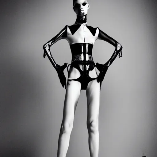 Image similar to fashion photography of an extraterrestrial deformed model, wearing demobaza fashion, inside berghain, berlin fashion, harness, futuristic fashion, dark minimal outfit, photo 3 5 mm leica, hyperdetail, berghain, 8 k, very detailed, photo by nick knight