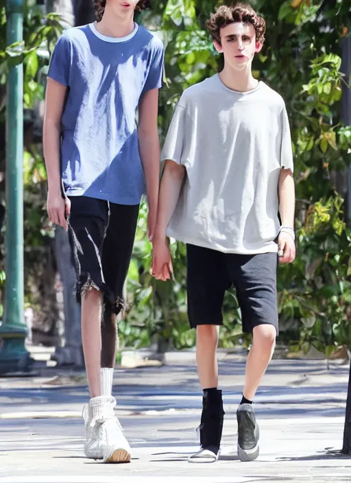 Prompt: photo of Timothee Chalamet walking in LA with his taller & muscular boyfriend