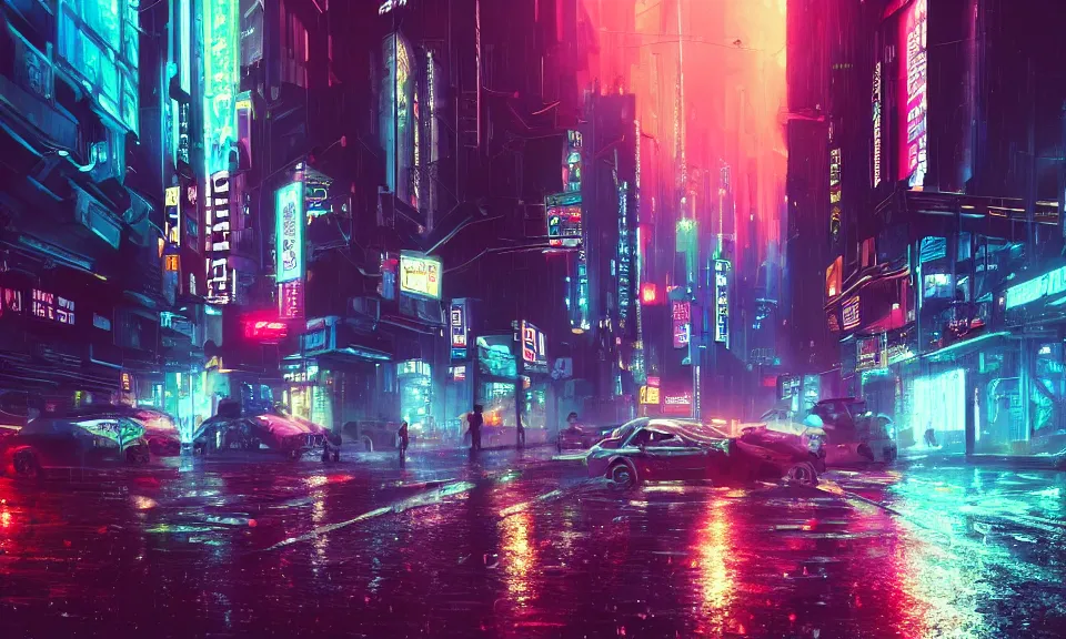 Image similar to a cyberpunk street scene with neon lights, raining, cinematic, atmospheric lighting, 4k uhd wallpaper, digital art trending on artstation