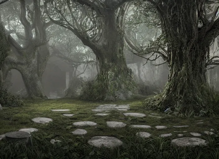 Prompt: secret garden, pathway, scary monster statues, in the style of pan's labyrinth movie, spooky, very dark, concept art, unreal engine 5, matte painting, artstation, caspar friedrich