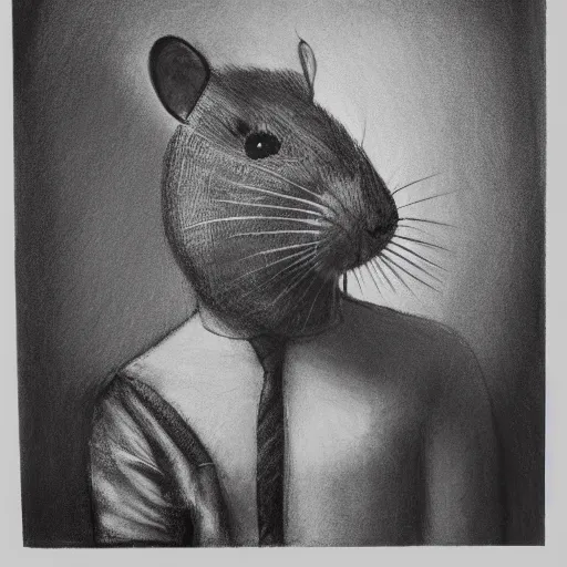 Prompt: a charcoal portrait of a person wearing a rat mask