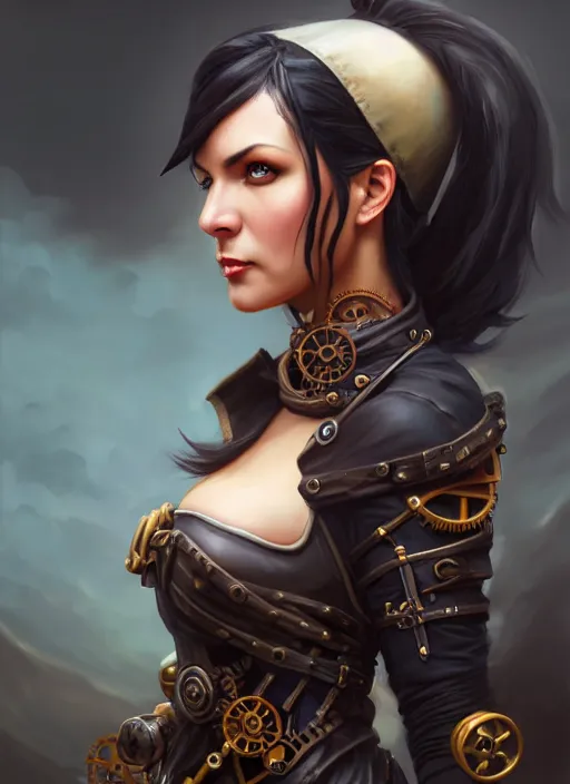 Prompt: a _ fantasy _ style _ portrait _ painting _ of steampunk woman, ponytail black hair, round face, rpg dnd oil _ painting _ unreal _ 5 _ daz. _ rpg _ portrait _ extremely _ detailed _ artgerm _ greg _ rutkowski _ greg
