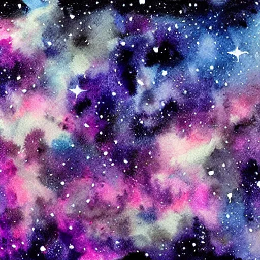 Prompt: stary night sky with colorful purple and pink nebulae and galaxies, watercolor painting