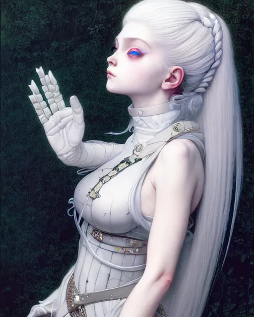 Image similar to portrait of beautiful cute young goth maiden girl with white hair in warhammer armor, art by ( ( ( kuvshinov ilya ) ) ) and wayne barlowe and gustav klimt and artgerm and wlop and william - adolphe bouguereau