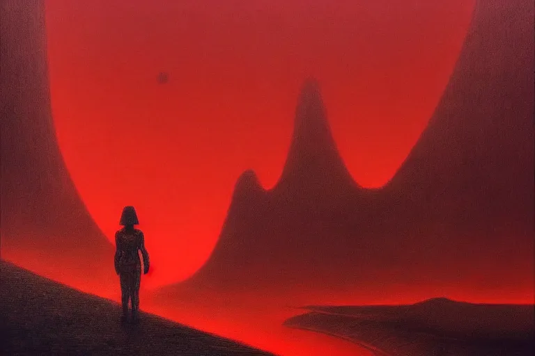 Image similar to only with red, a red god of death eat apple, a futuristic city on mars in background, an ancient path, pathos, in the style of beksinski, part by hopper, part by rodcenko, part by hofbauer, intricate composition, red by caravaggio, insanely quality, highly detailed, masterpiece, red light, artstation