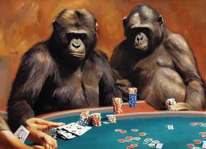 Image similar to gorrila and bear, playing poker highly detailed beautiful, by gregory manchess, james gurney, james jean